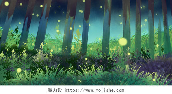 唯美梦幻手绘小暑夜景树林森林风景原创插画素材